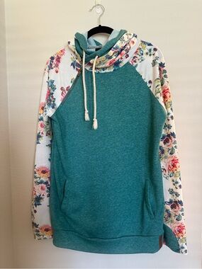AMPERSAND AVE | Teal DoubleHood Hoodie with Floral Raglan Sleeves